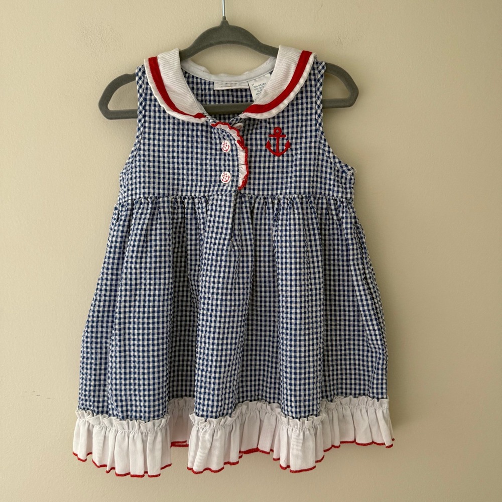 BT Kids Baby Girls Blue Gingham Sailor Dress Red Anchor Nautical 18 Months